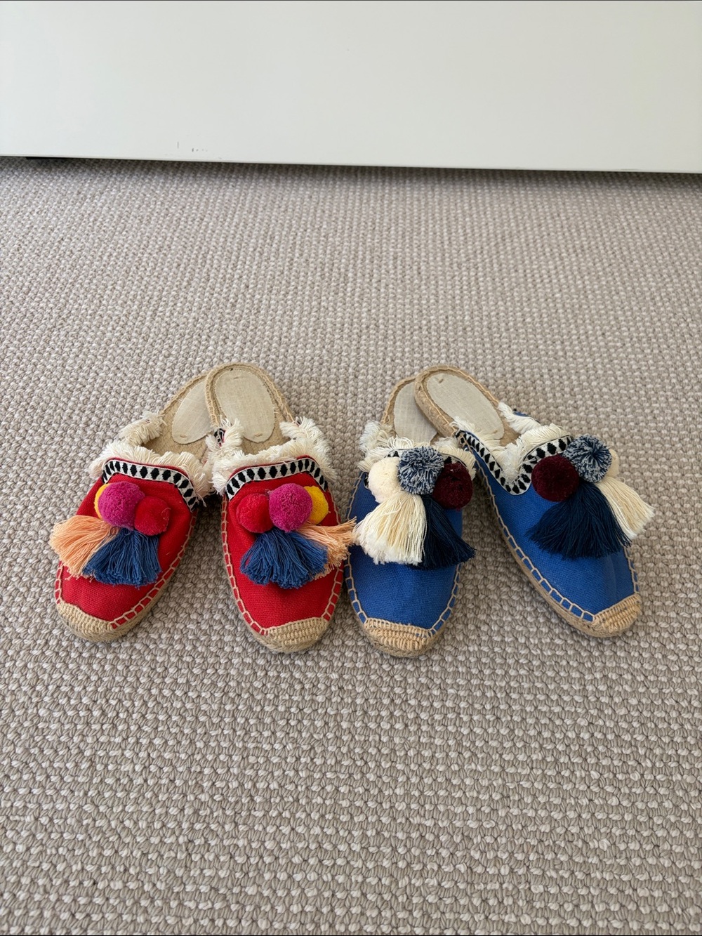 Both pairs for $30. Colorful Pom Pom Espadrille Mules - Red & Blue